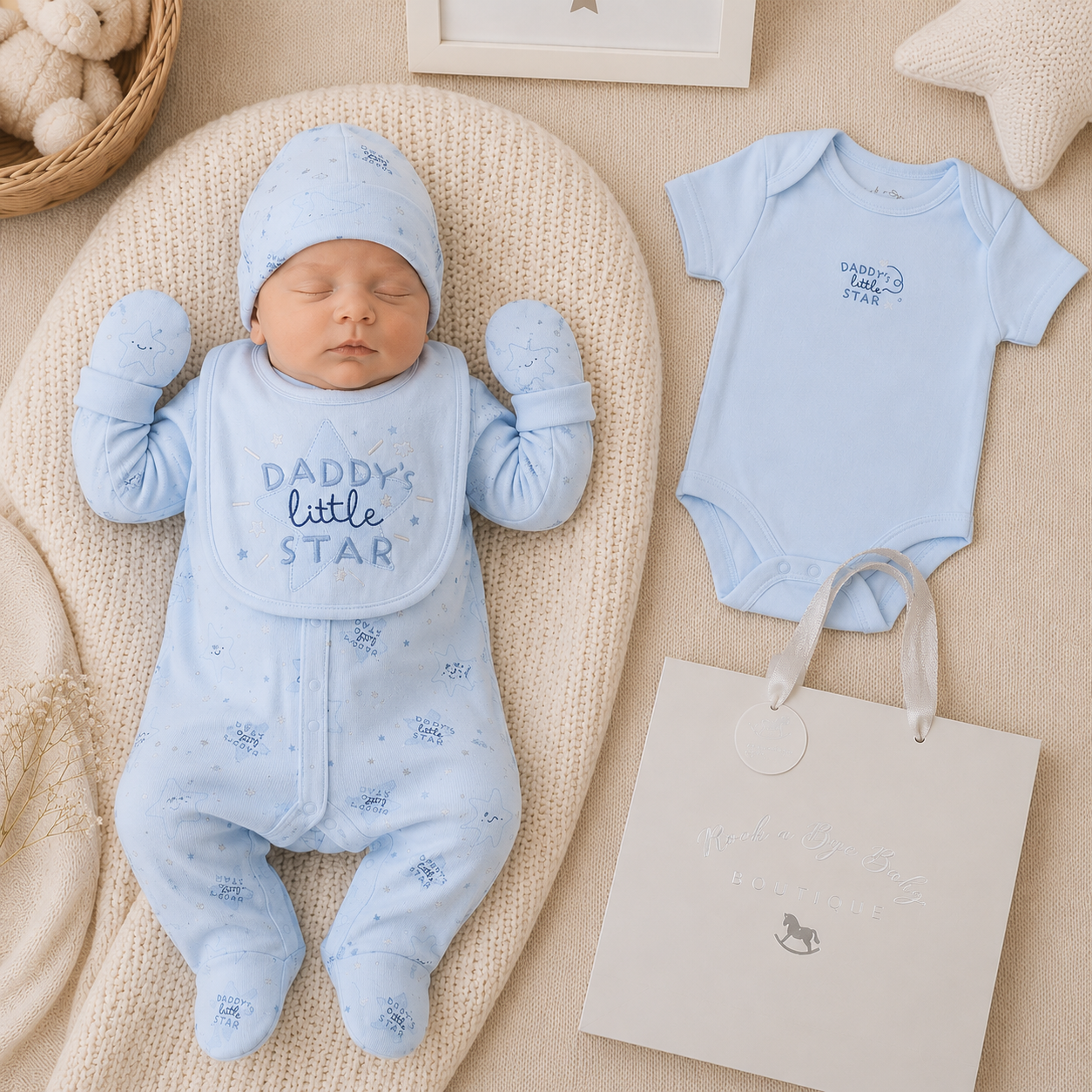 Baby in blue babygro with matching outfit and bag on a beige blanket