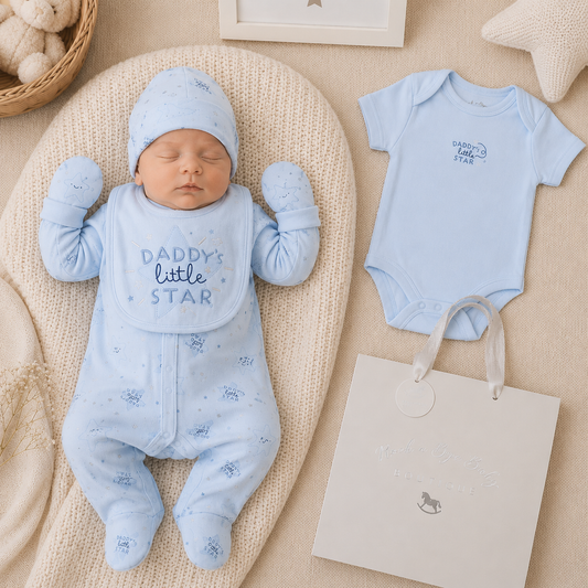Baby in blue babygro with matching outfit and bag on a beige blanket