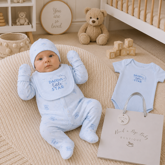 Baby in blue 'Daddy's Little Star' outfit with matching hat and romper, surrounded by teddy bear, blocks, and a bag in a nursery setting.