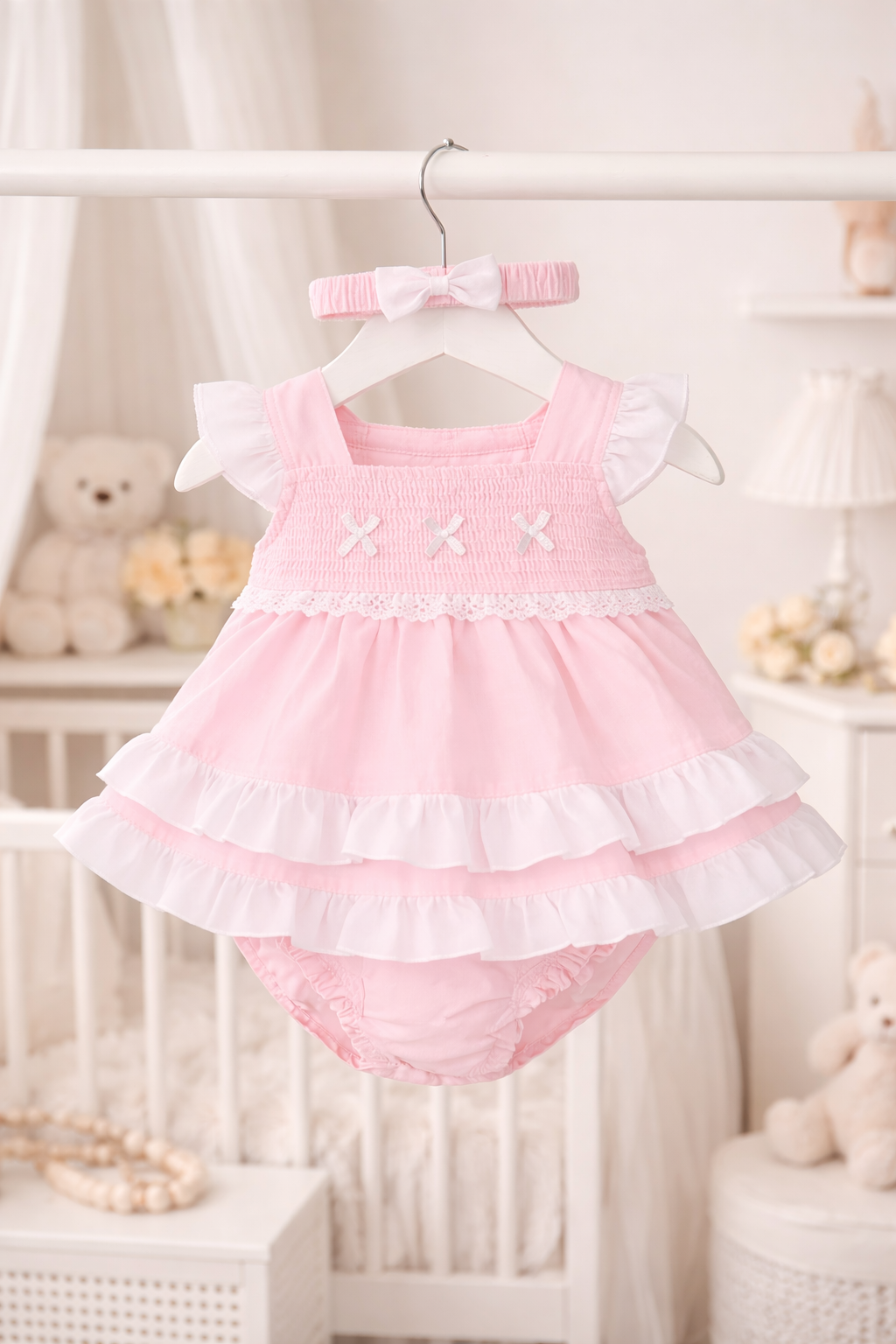 Pink baby dress with ruffles on a hanger against a white background