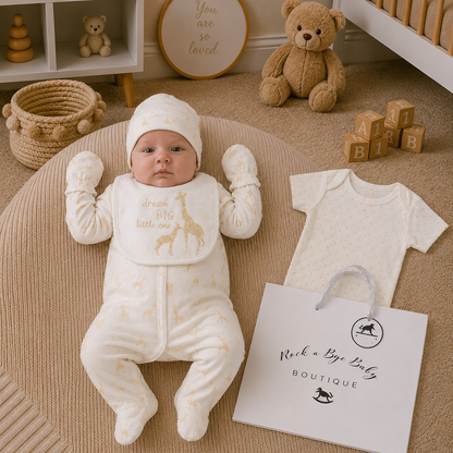 Baby in a white outfit with animal prints lying on a rug next to a 'Rock a Bye Baby Boutique' bag in a nursery setting.