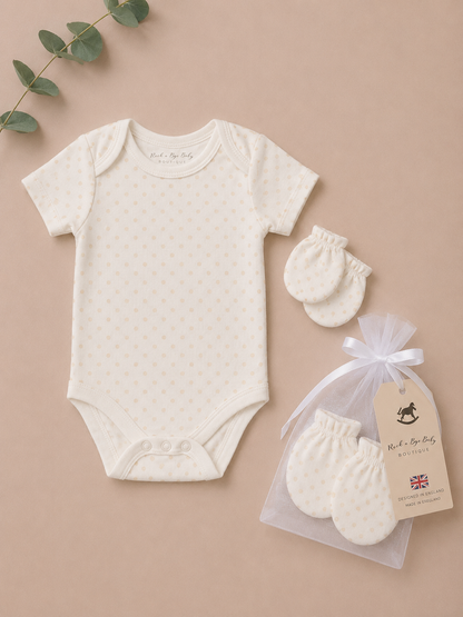 Baby onesie and mittens set with a clear bag on a beige background