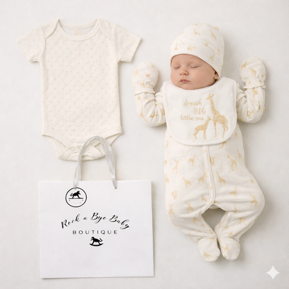 Baby outfit set with onesie, hat, and bag from Rock a Bye Baby Boutique on a white background