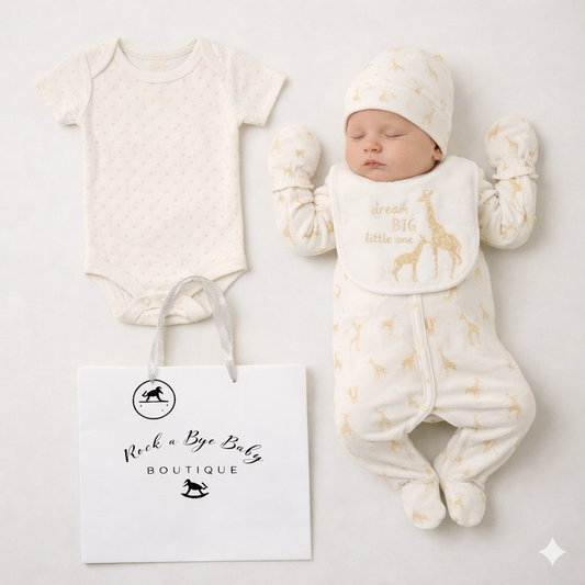 Baby outfit set with onesie, hat, and bag from Rock a Bye Baby Boutique on a white background