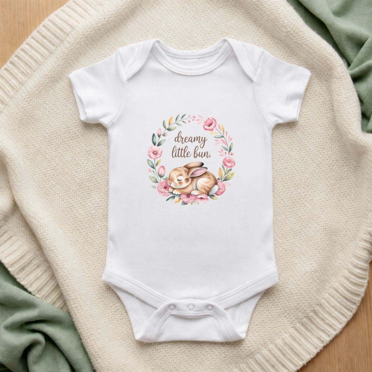 White baby onesie with bunny and floral design on a textured surface Dreamy Little Bun Baby Bodysuit