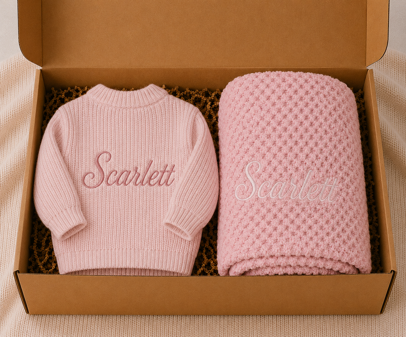 Pink baby sweater and blanket with 'Scarlett' embroidery in a cardboard box.