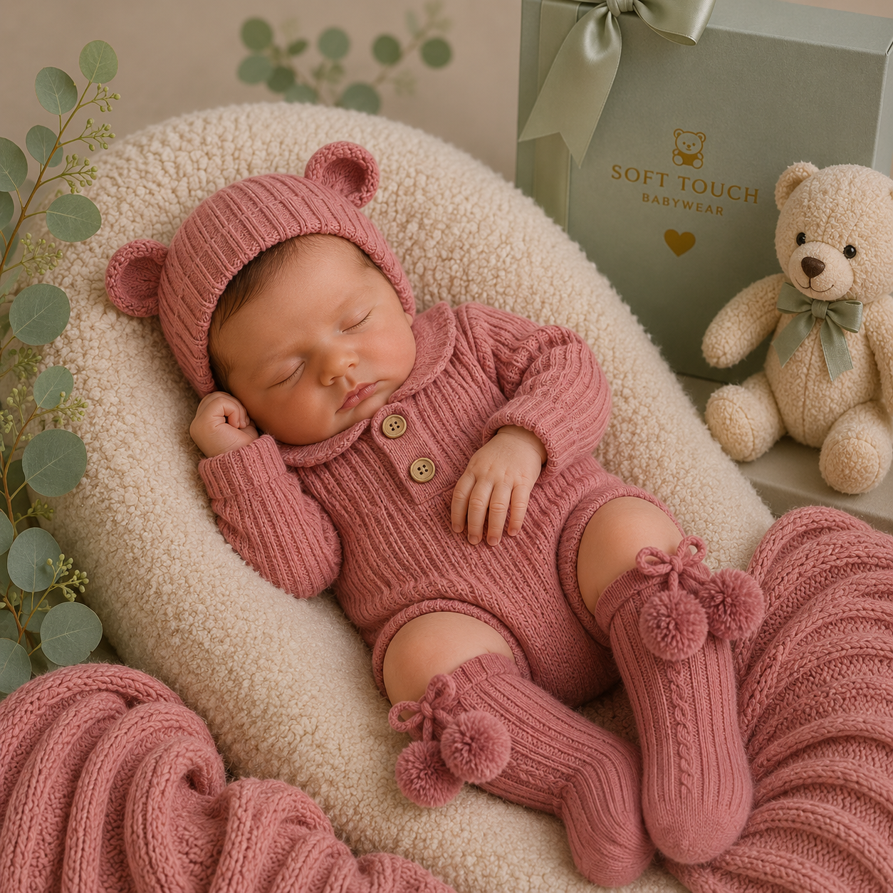Newborn baby in pink knitted outfit with bear ears, surrounded by soft textures and a teddy bear.