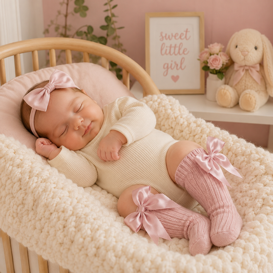 Newborn baby in a crib wearing a cream outfit and pink bow headband and socks, with a pink wall and decorative elements in the background.