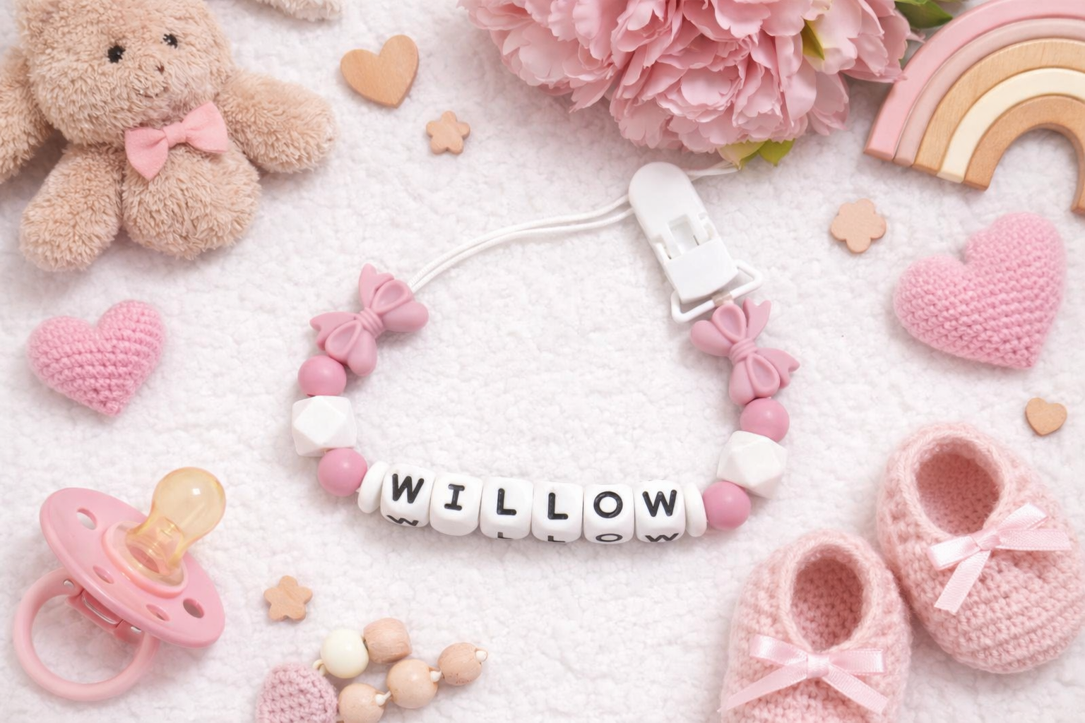 Personalised Dusky Pink Dummy Chain for baby girls