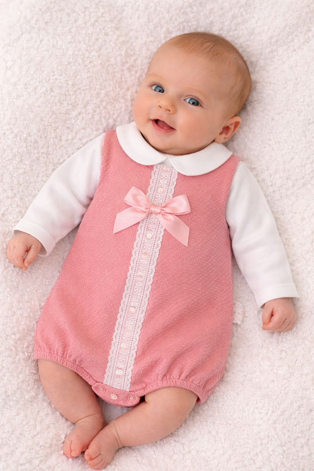Baby wearing a pink dress with a white collar and bow on a light background