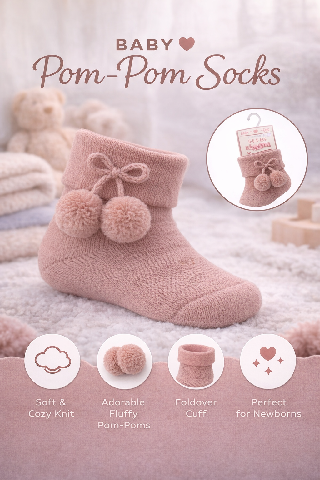 Sleeping newborn wearing dusty rose pom-pom socks on a soft ivory blanket
