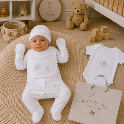 Baby in white outfit with matching hat and booties, surrounded by baby items in a nursery setting.