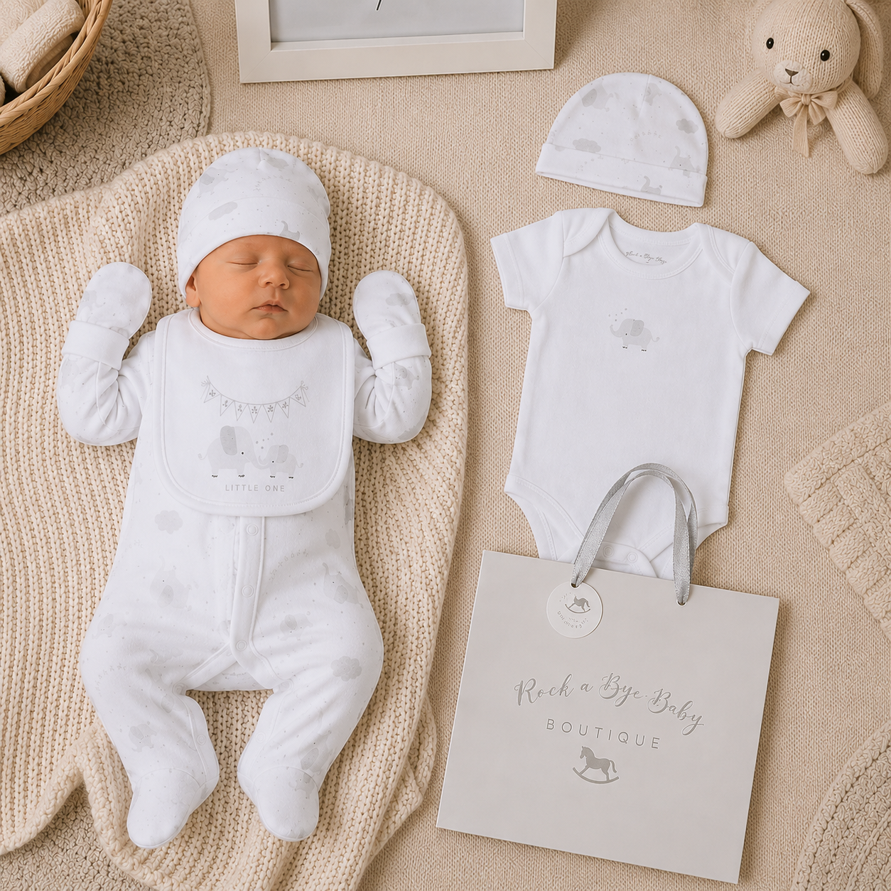 Newborn baby in white outfit with matching hat, baby onesie, and bag on a textured surface.