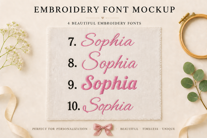 Embroidery font mockup with 'Sophia' text on fabric, surrounded by decorative elements.