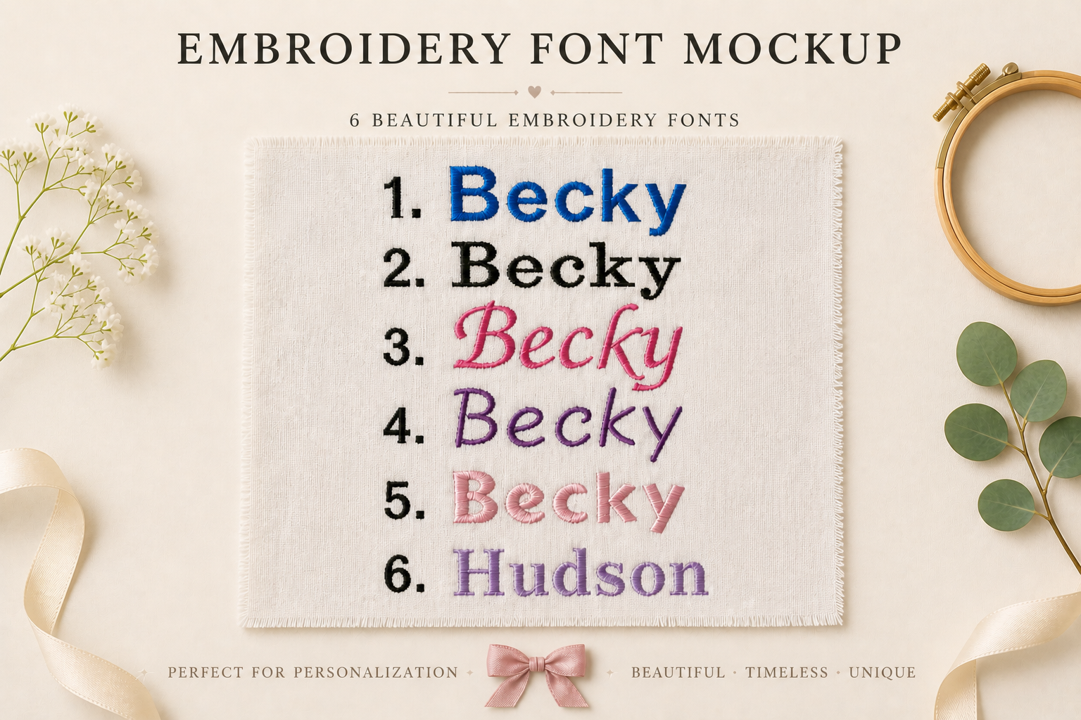Embroidery font mockup with the word 'Becky' in various colors on a fabric background.