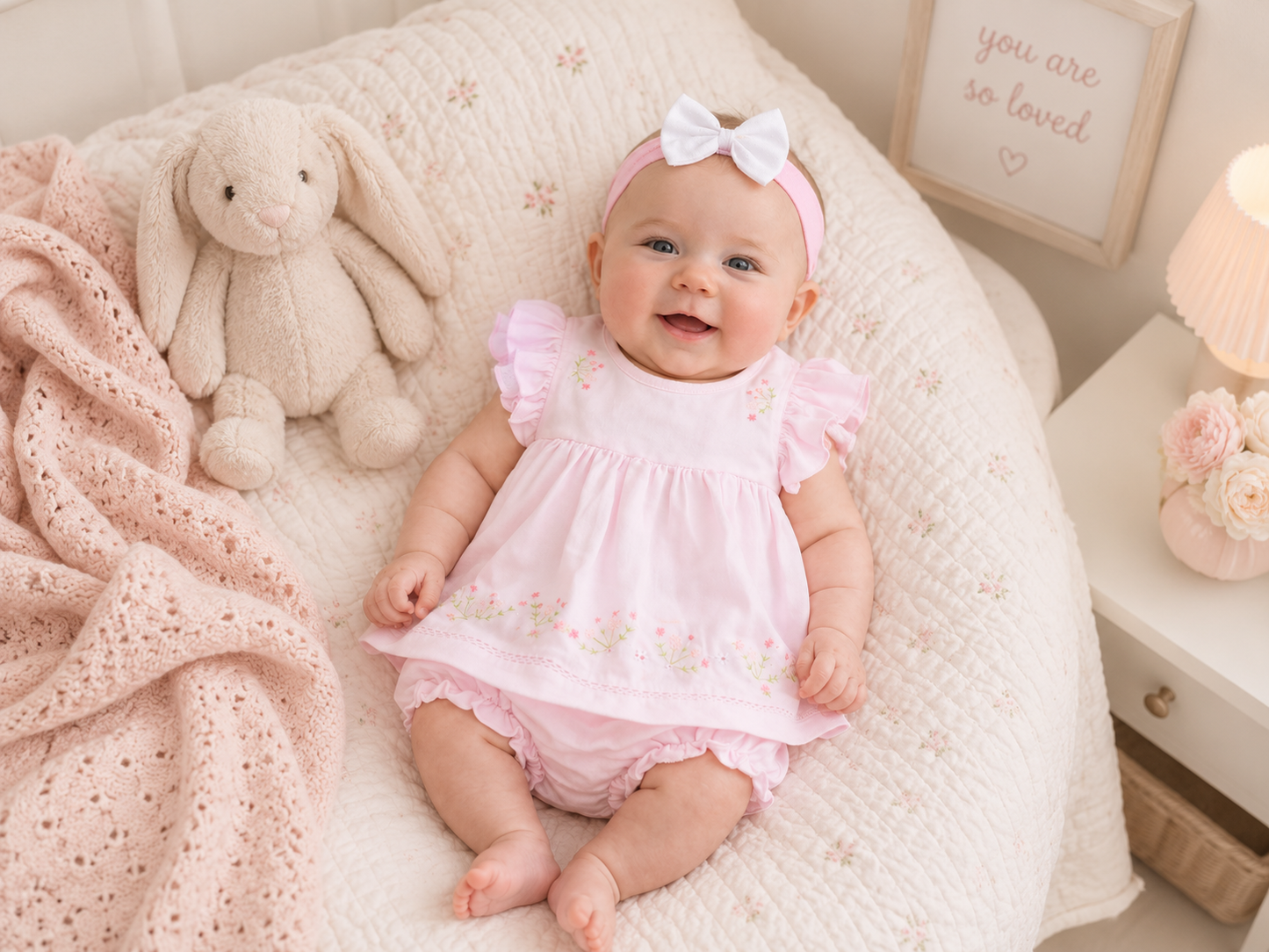 Baby in a pink outfit with a bow headband sitting on a soft surface with a plush toy and decorative elements.