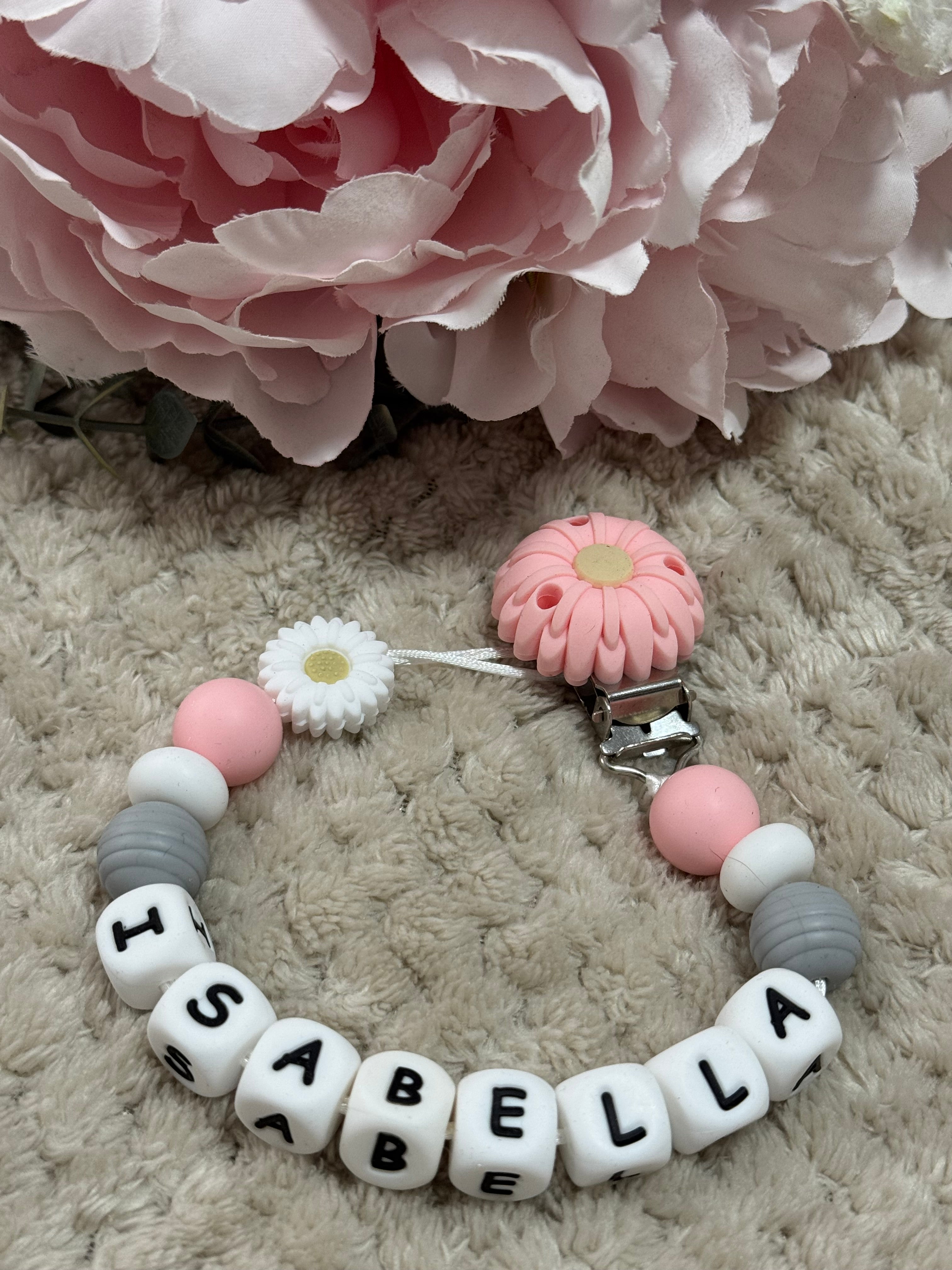 Pink, White and Grey beads With A Pink Flower Clip on a dummy chain personalised with any name