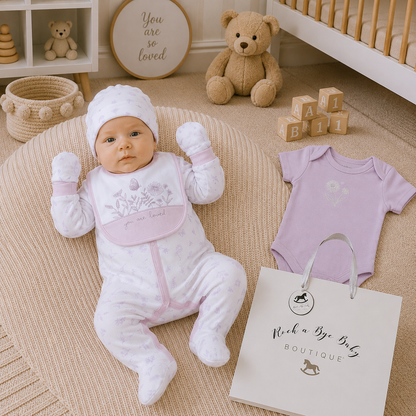 Baby in a white and pink outfit with a 'Rock a Bye Baby Boutique' bag in a nursery setting.