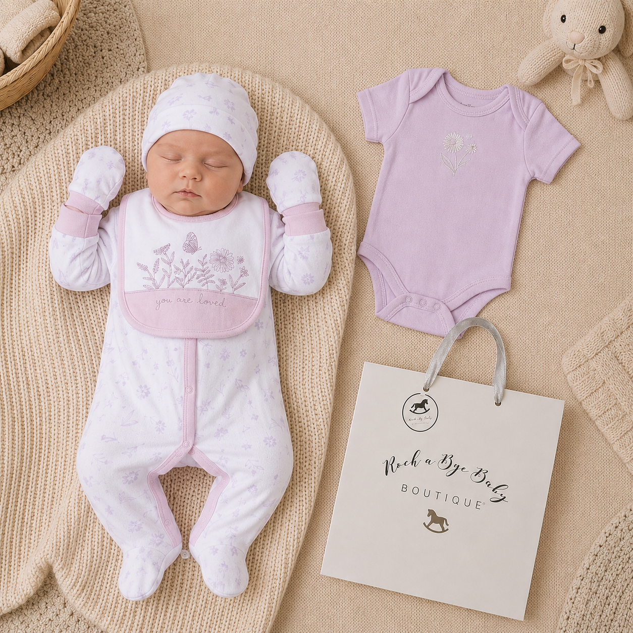 Newborn baby in pink and white outfit with matching romper, hat, and booties on a textured surface with 'Rock a Bye Baby Boutique' bag.