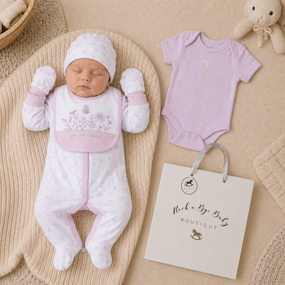 Newborn baby in pink and white outfit with matching romper, hat, and booties on a textured surface with 'Rock a Bye Baby Boutique' bag.