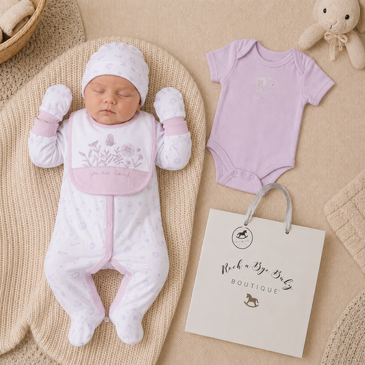 Newborn baby in pink and white outfit with matching romper, hat, and booties on a textured surface with 'Rock a Bye Baby Boutique' bag.