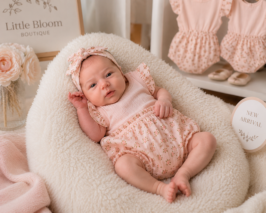 Baby in a floral outfit lying on a soft surface with 'Little Bloom Boutique' in the background