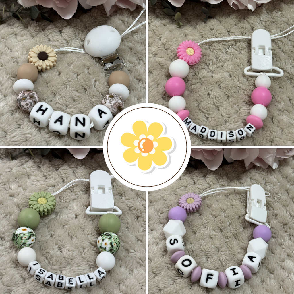 Collage of baby pacifier clips with name beads on a textured surface.
