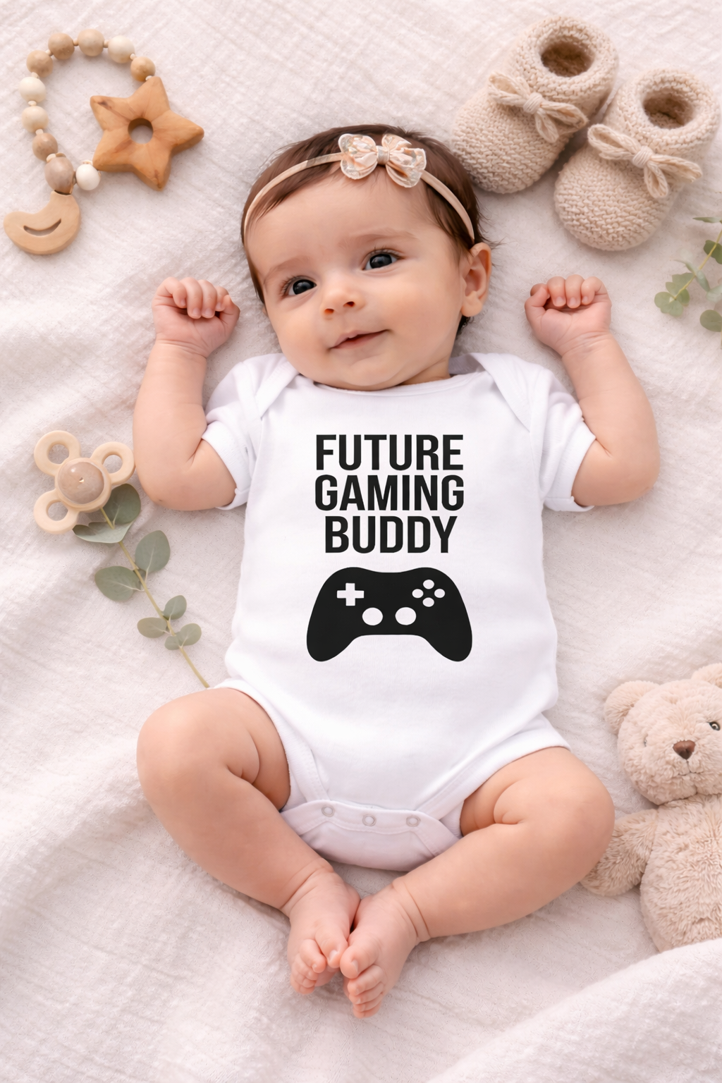 Baby wearing a onesie with 'Future Gaming Buddy' text and gaming controller graphic, surrounded by toys on a soft surface.