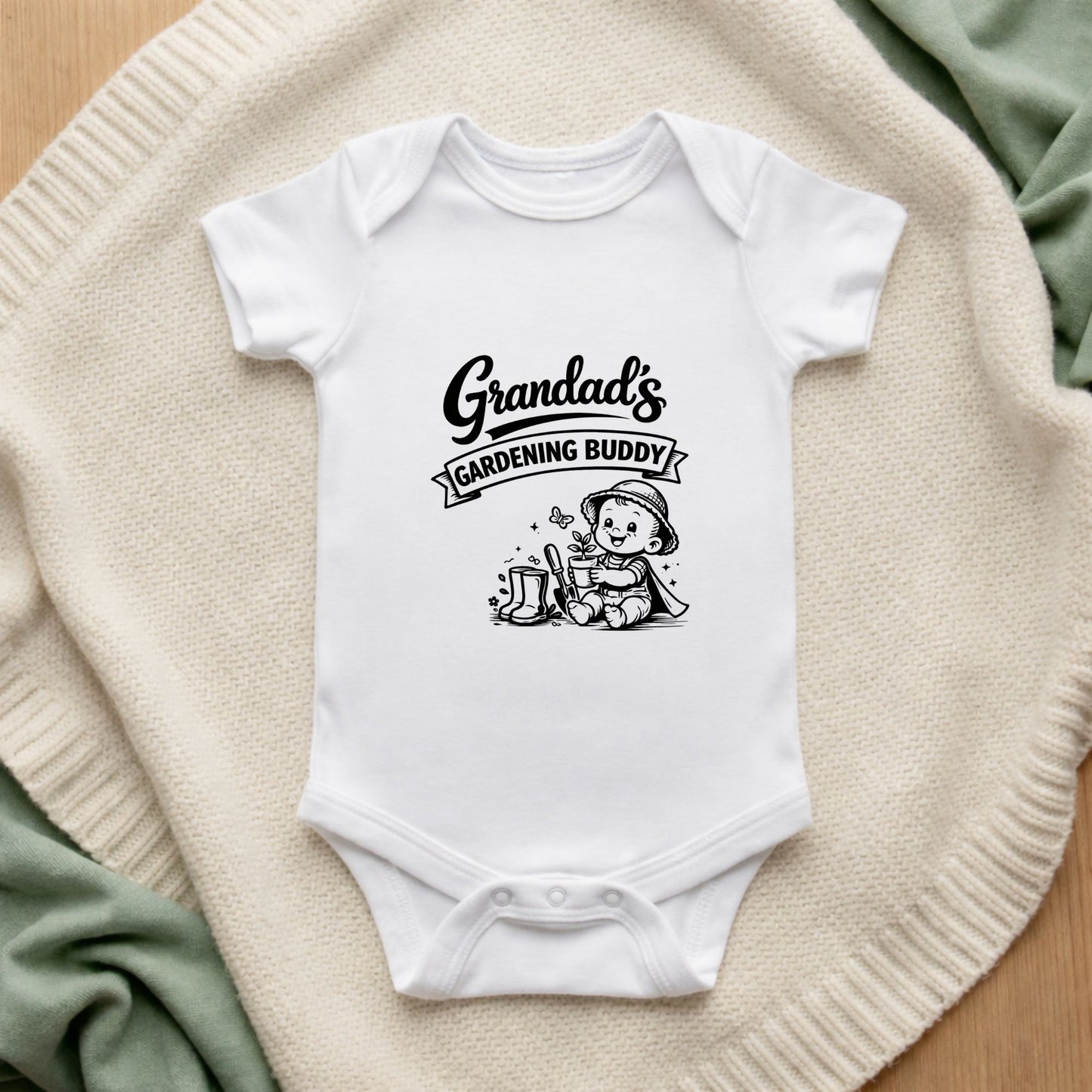 White baby onesie with 'Grandad's Gardening Buddy' text and graphic on a textured surface.