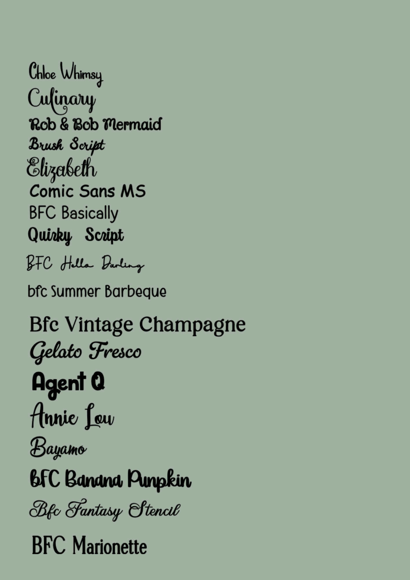 list of fonts to choose from