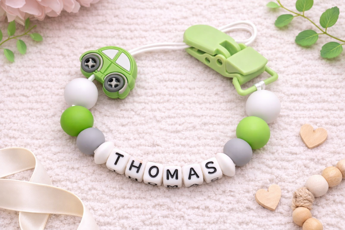 Green/Grey Car Dummy Clip - Custom Silicone Pacifier Holder (Small Plastic Letter Design)