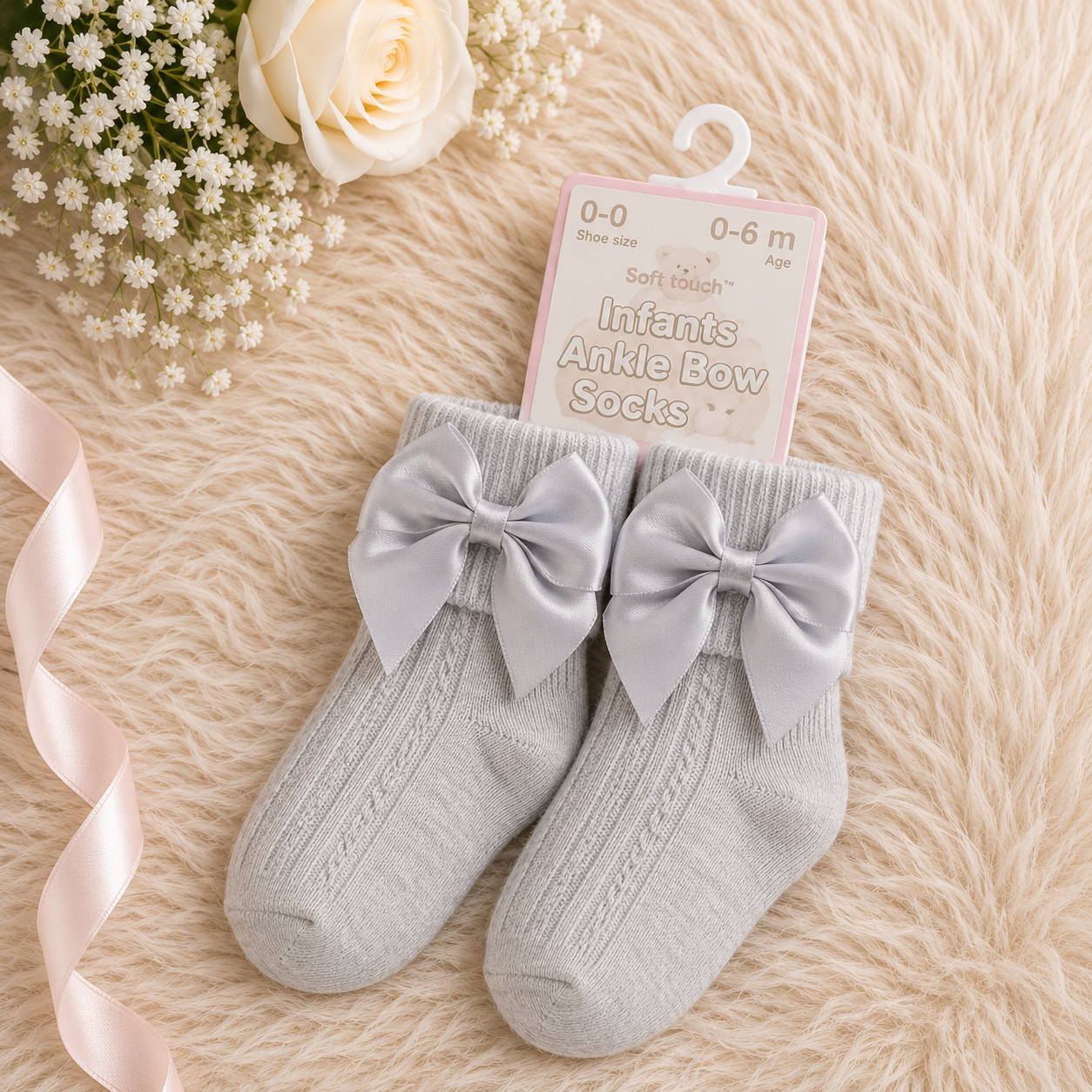 Gray infants' ankle bow socks with a tag on a textured surface with flowers and ribbons.