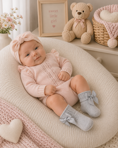 Baby in pink outfit with bow socks sitting in a crib with teddy bear and decorative items.