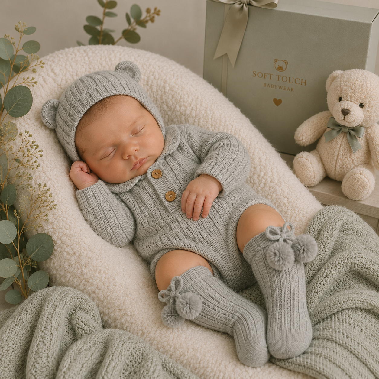 Newborn baby in a gray knitted outfit with bear ears, lying on a soft surface with a teddy bear and gift box in the background.