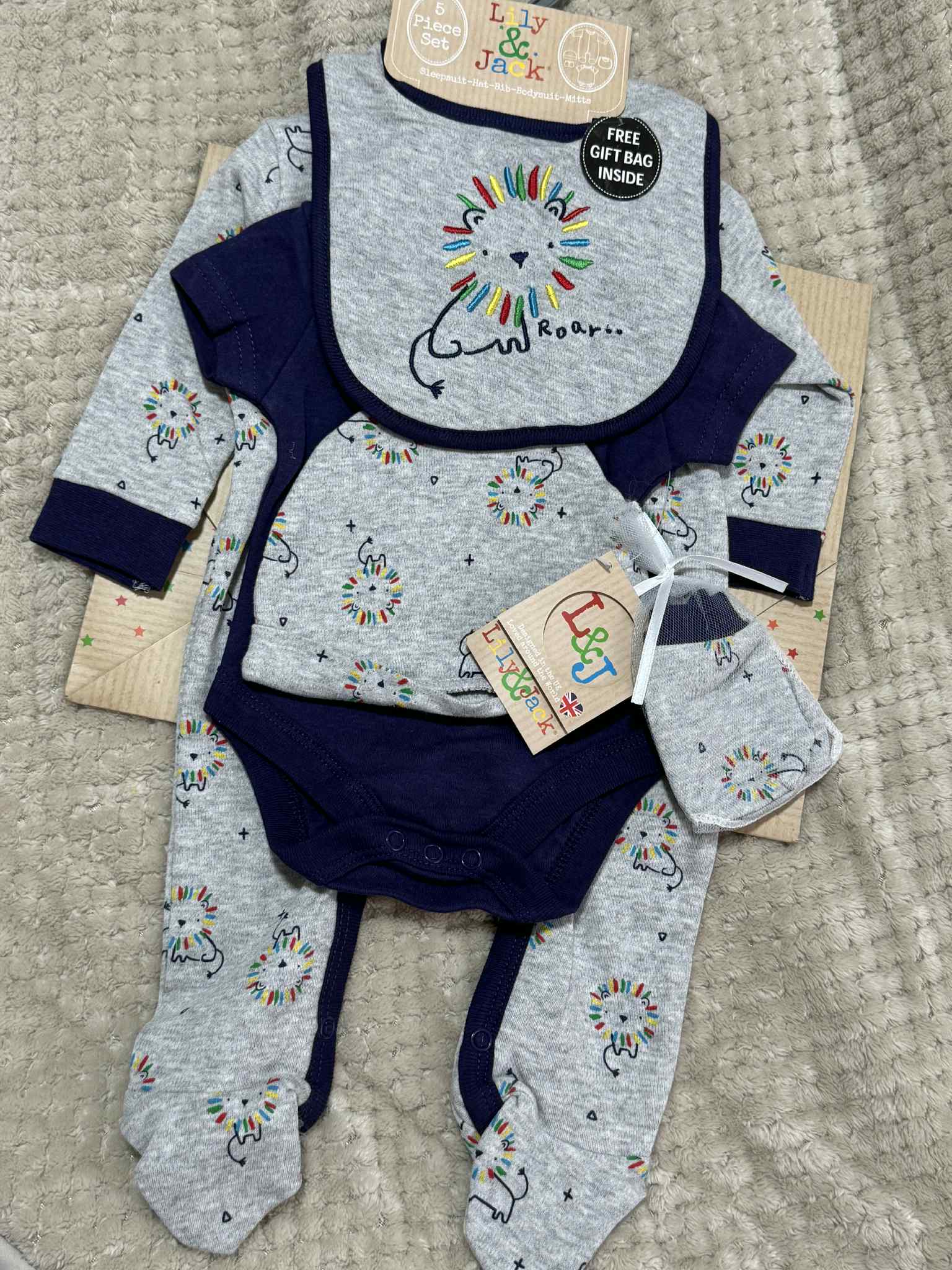 Baby Boys 5 Piece Matching Lion Set & Giftbag