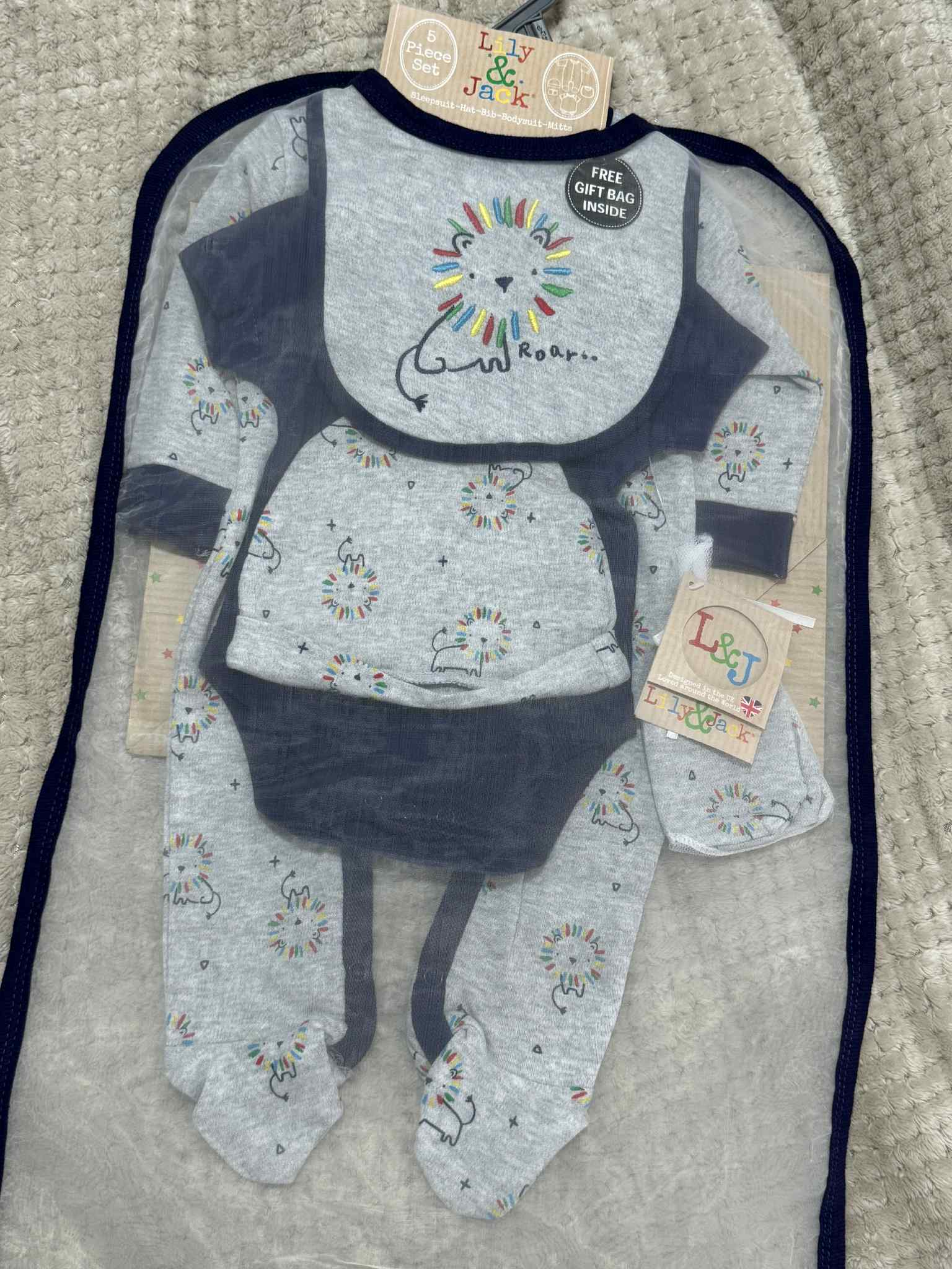 Baby Boys 5 Piece Matching Lion Set & Giftbag