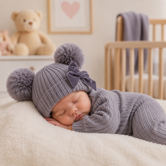 Grey Ribbed Double Pom Pom Baby Hat with Bow – Newborn to 12 Months ✨ PRE-ORDER