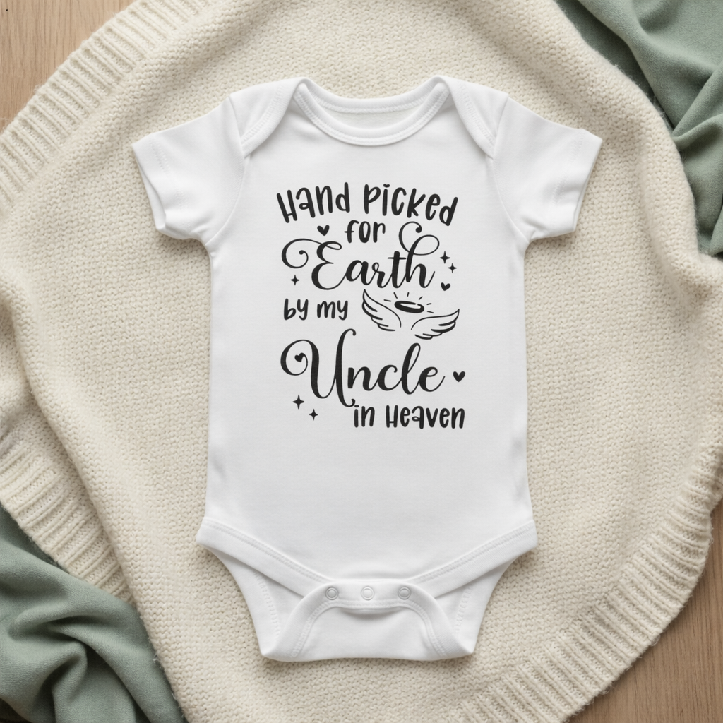 White baby onesie with text on a textured surface Handpicked for Earth by my Uncle in Heaven Baby Bodysuit