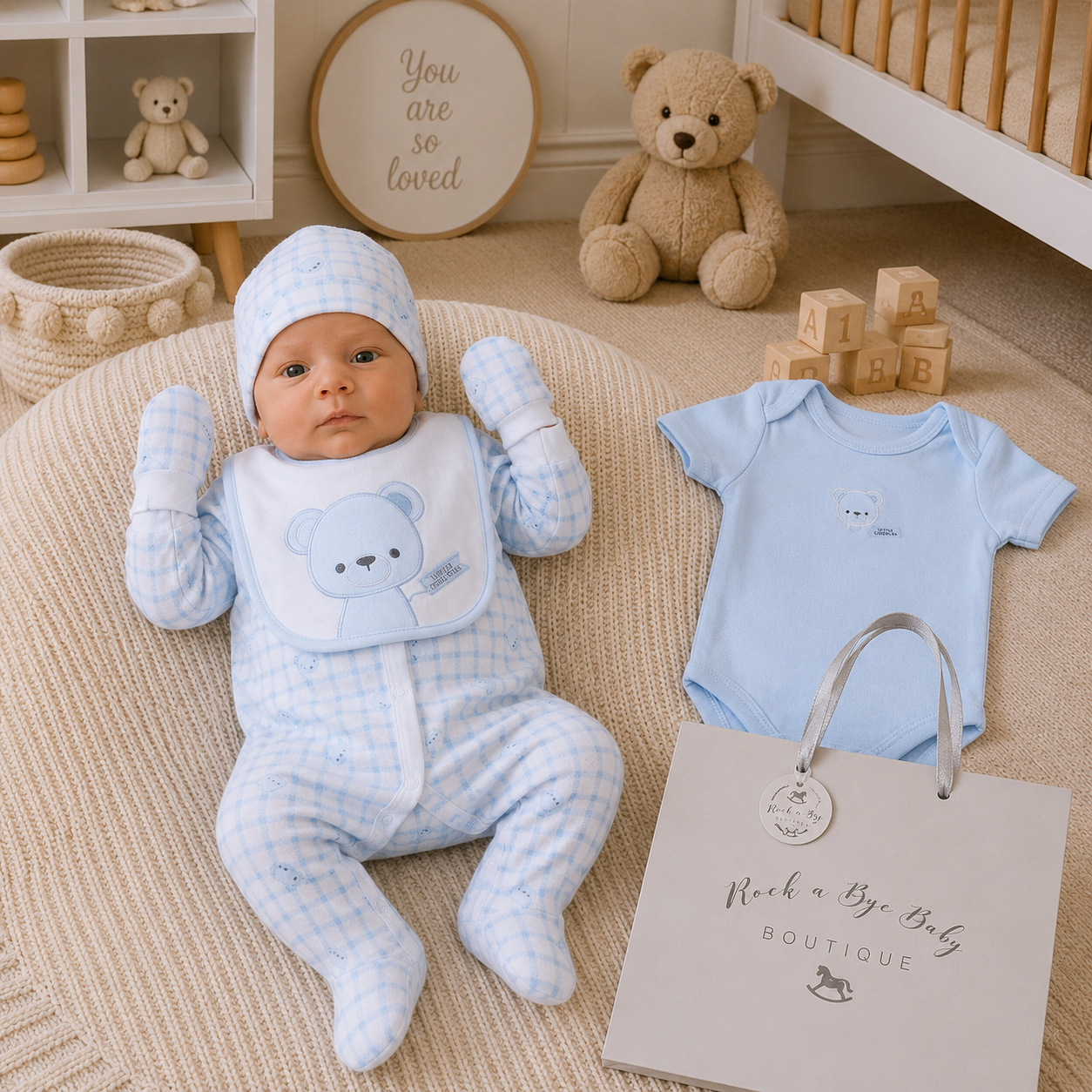 Baby in blue outfit with bear design, surrounded by teddy bear, blocks, and 'Rock a Bye Baby Boutique' bag in a nursery setting.