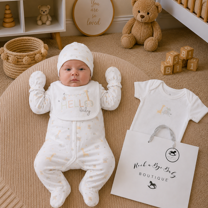 Baby in a white outfit with 'Hello Baby' text, surrounded by toys and a 'Rock a Bye Baby Boutique' bag.