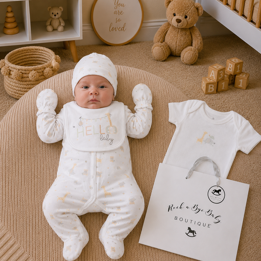 Baby in a white outfit with 'Hello Baby' text, surrounded by toys and a 'Rock a Bye Baby Boutique' bag.