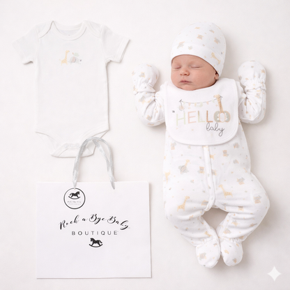 Baby in white outfit with gold stars, lying on a white surface with 'Rock a Bye Baby Boutique' branding.