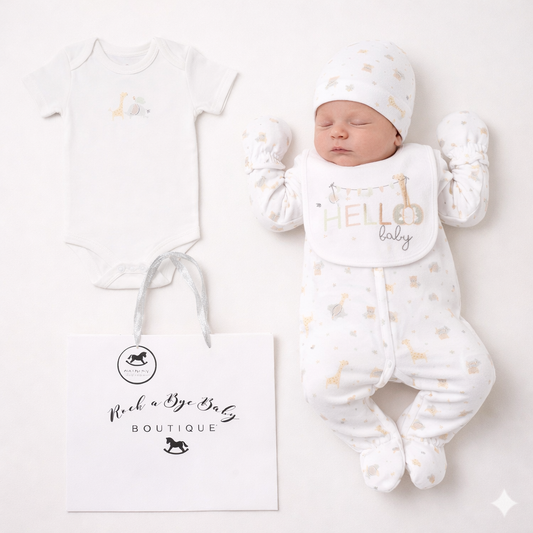 Baby in white outfit with gold stars, lying on a white surface with 'Rock a Bye Baby Boutique' branding.