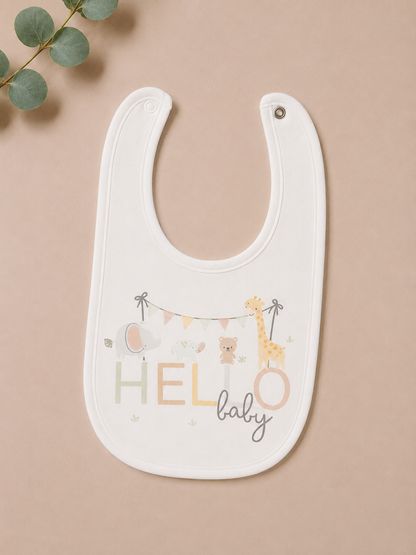 Baby bib with 'Hello Baby' text and animal illustrations on a beige background