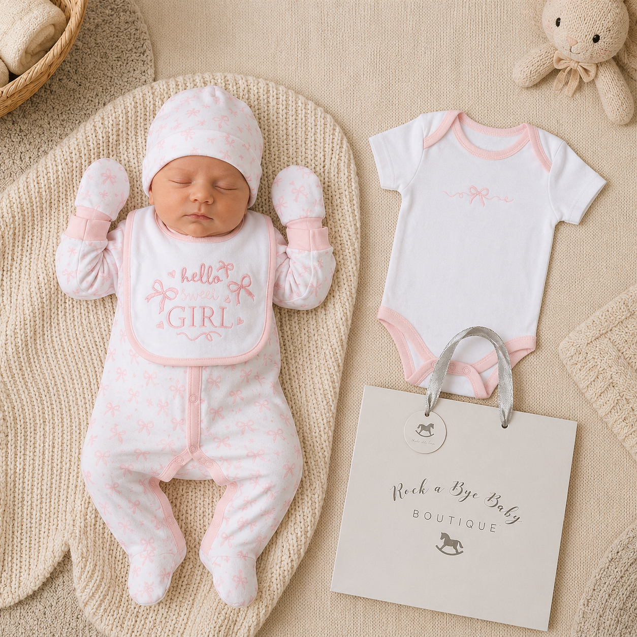 Newborn baby in pink and white outfit with matching hat and bib, next to a onesie and 'Rock a Bye Baby' bag on a textured surface.