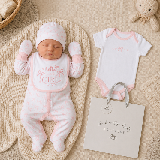 Newborn baby in pink and white outfit with matching hat and bib, next to a onesie and 'Rock a Bye Baby' bag on a textured surface.