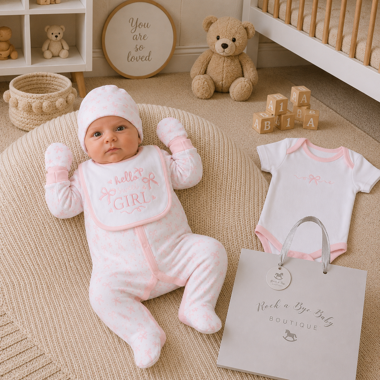 Baby in pink outfit with matching bib and booties, surrounded by teddy bear and baby blocks in a nursery.