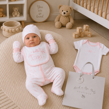 Baby in pink outfit with matching bib and booties, surrounded by teddy bear and baby blocks in a nursery.