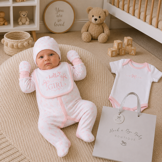 Baby in pink outfit with matching bib and booties, surrounded by teddy bear and baby blocks in a nursery.