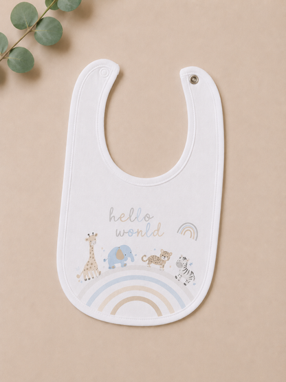 Baby bib with 'hello world' text and animal illustrations on a beige background